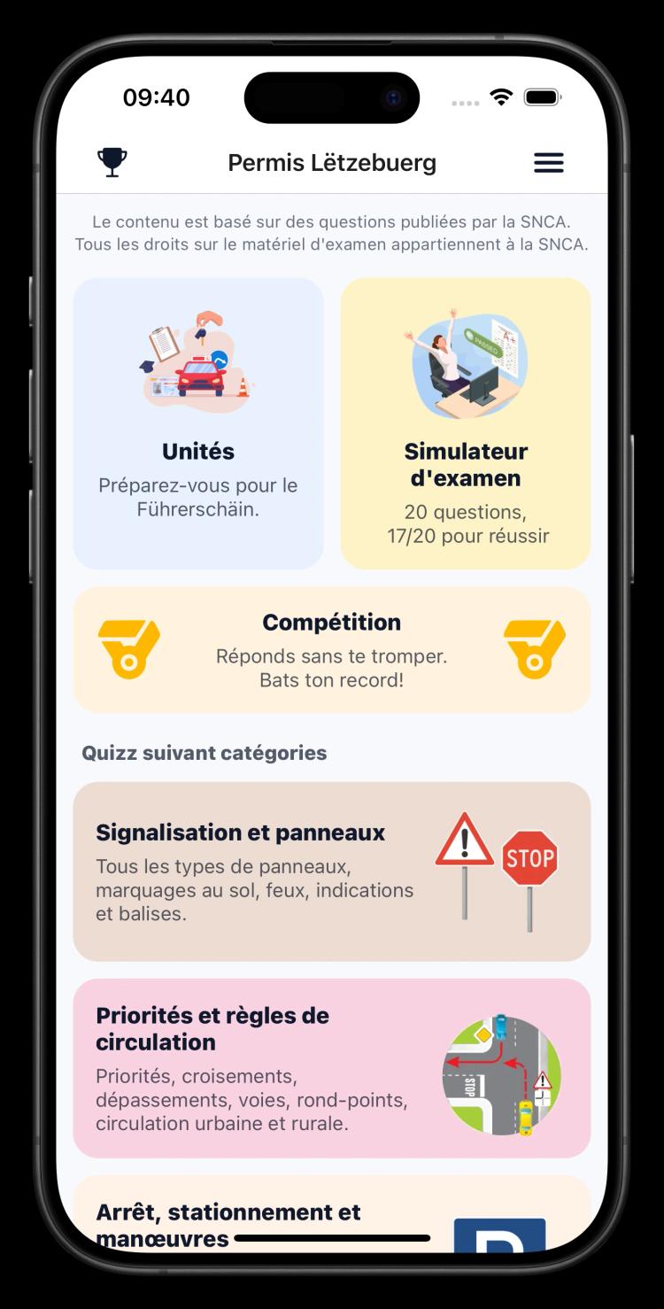 PermisLux App - Exam Simulator Interface
