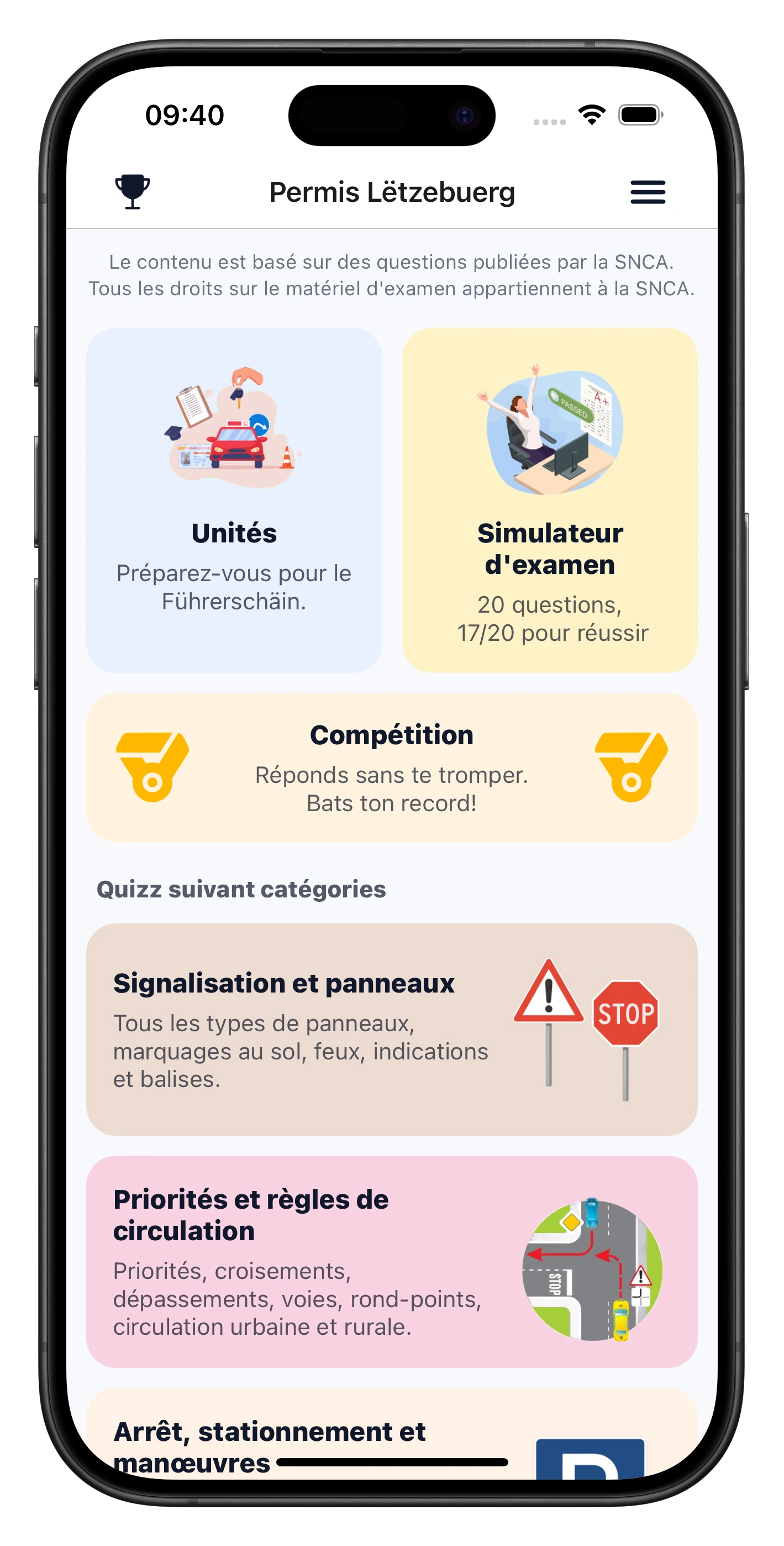PermisLux App - Exam Simulator Interface